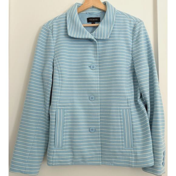 TALBOTS Size L Nautical Stripe Jacket Powder Blue Anchor Coastal Preppy Blazer - Picture 1 of 12